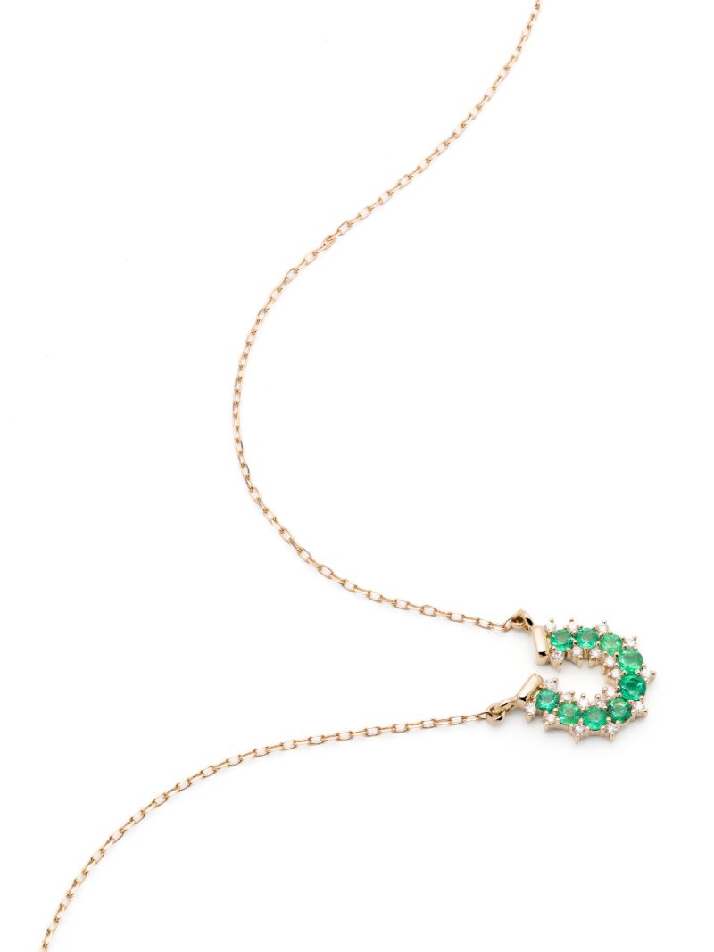14k Yellow Gold Horseshoe Diamond and Emerald Necklace