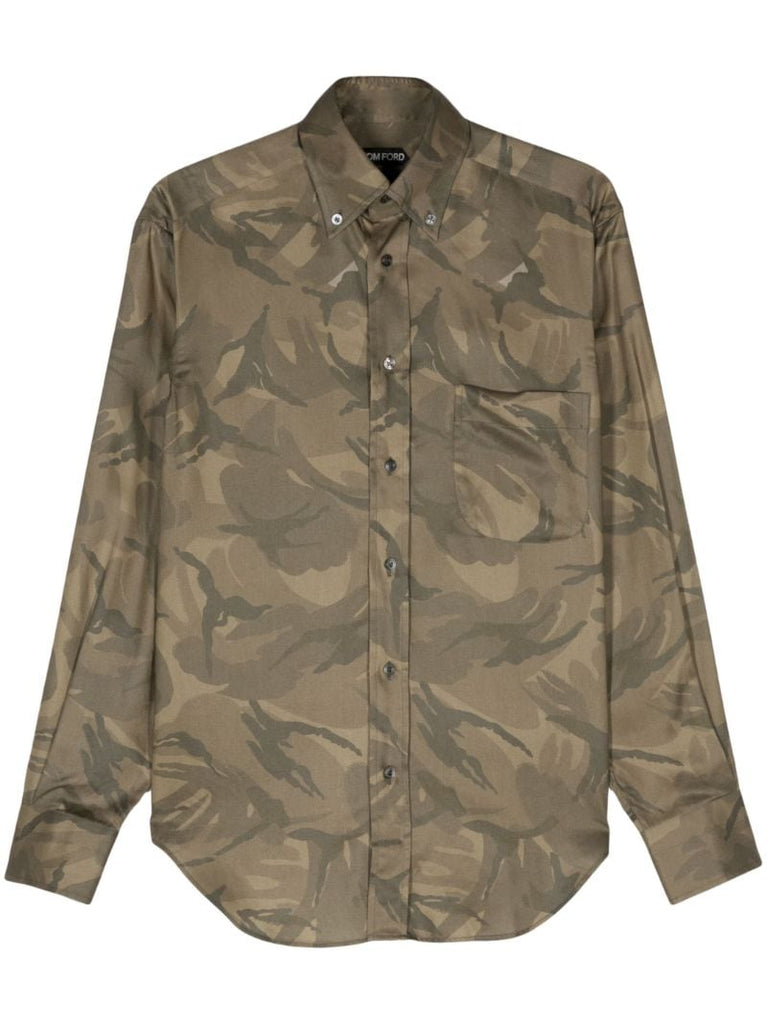 Green Camouflage-print Button-down Shirt