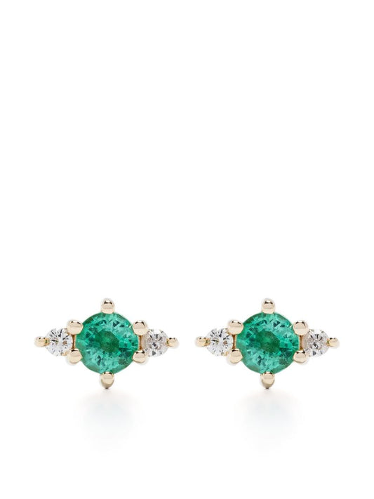 14k Yellow Gold Trio Diamond and Emerald Earrings