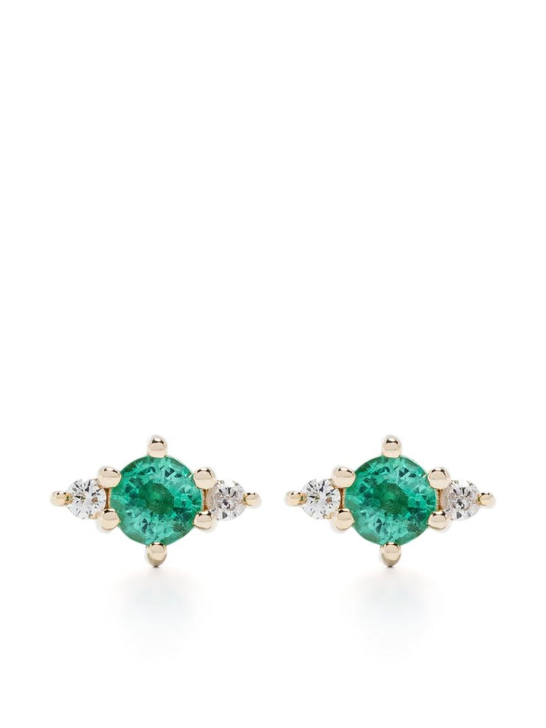 14k Yellow Gold Trio Diamond and Emerald Earrings