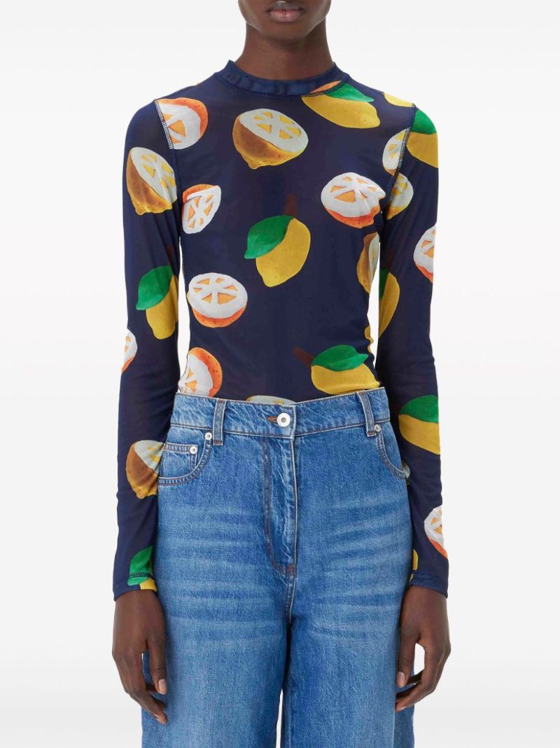 Blue Graphic-print Mesh Top