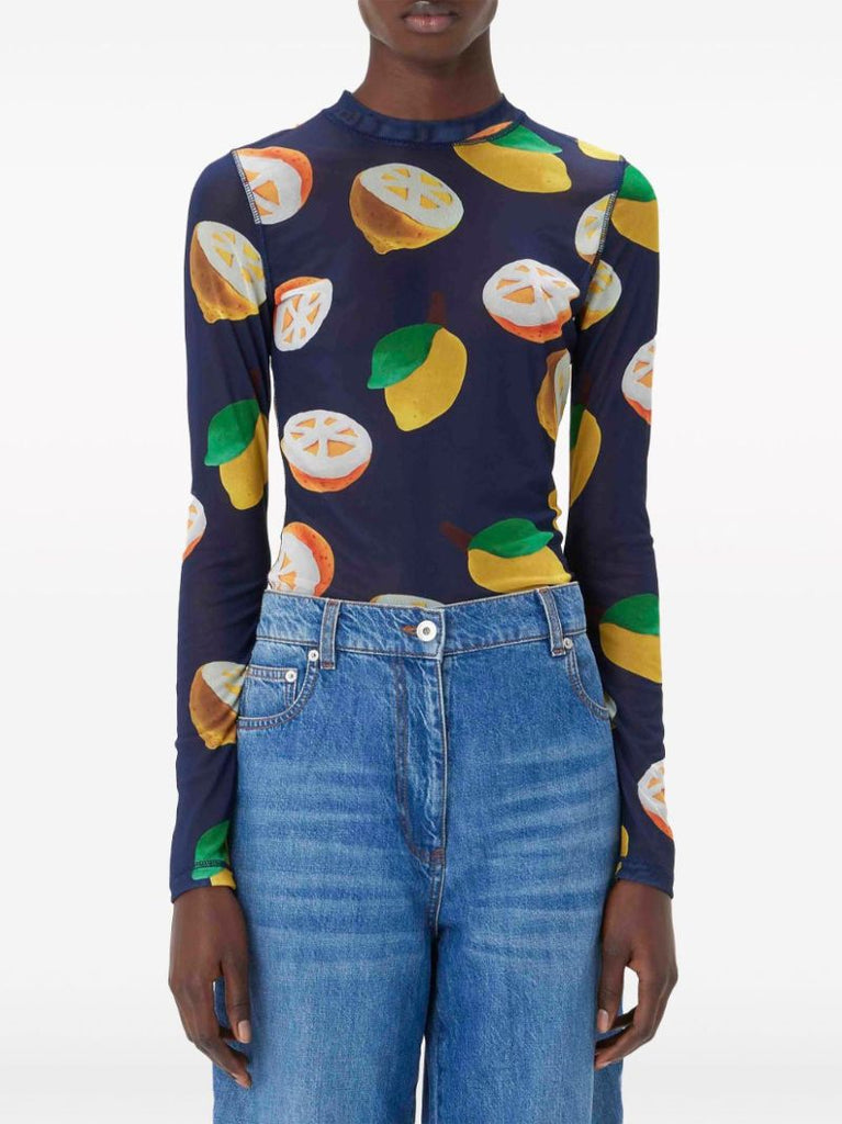 Blue Graphic-print Mesh Top