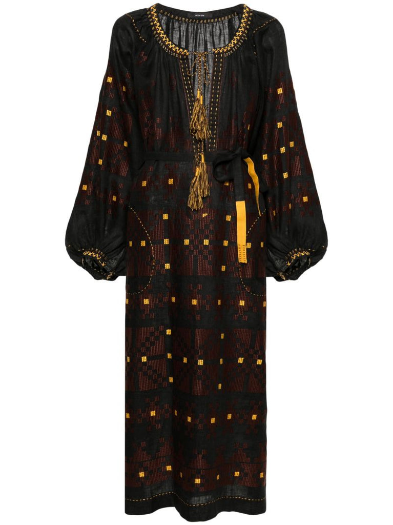 Black Pixel Geometric-embroidery Linen Dress