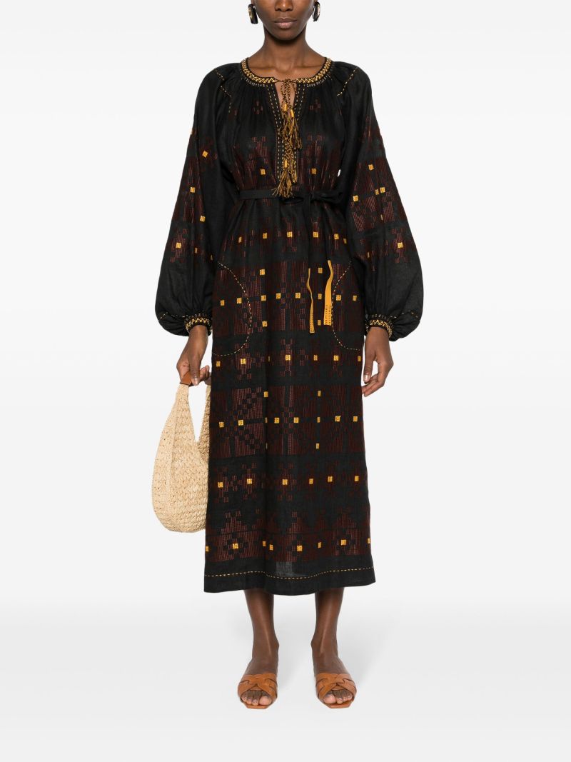Black Pixel Geometric-embroidery Linen Dress