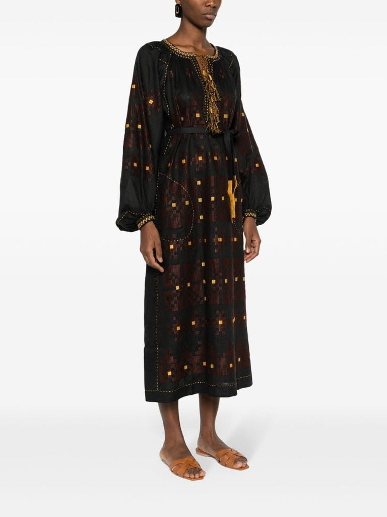 Black Pixel Geometric-embroidery Linen Dress