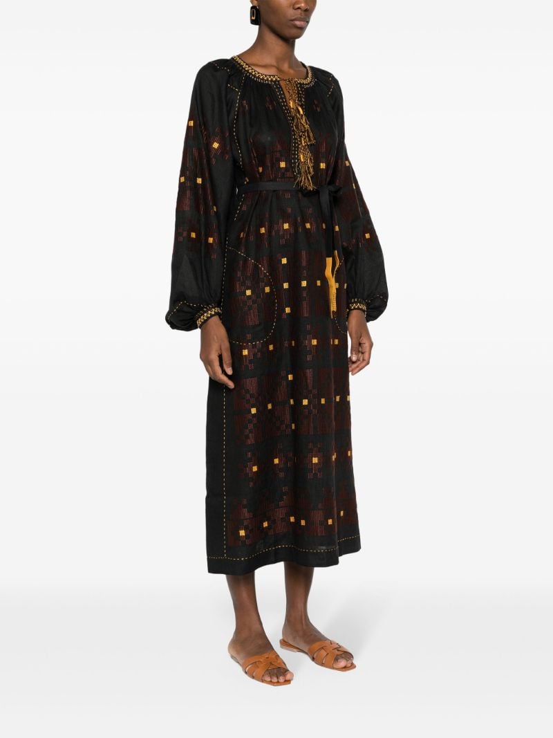 Black Pixel Geometric-embroidery Linen Dress