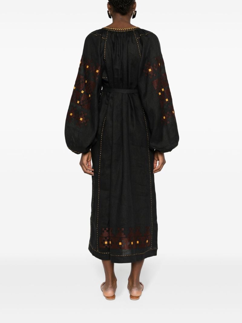 Black Pixel Geometric-embroidery Linen Dress