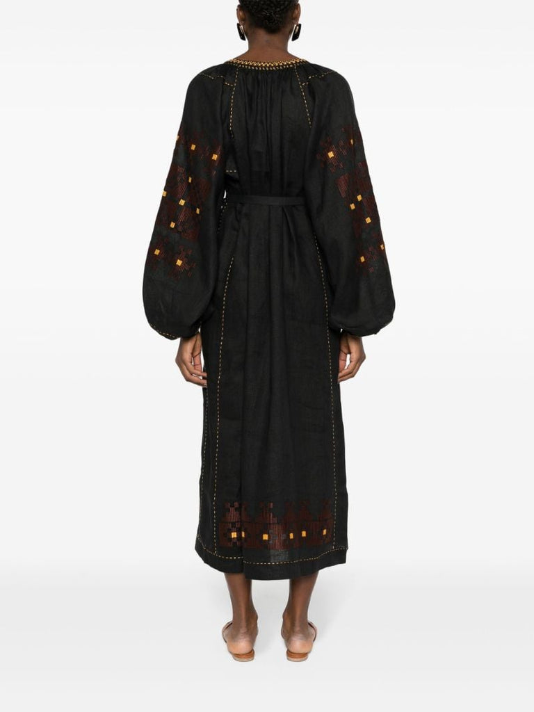 Black Pixel Geometric-embroidery Linen Dress