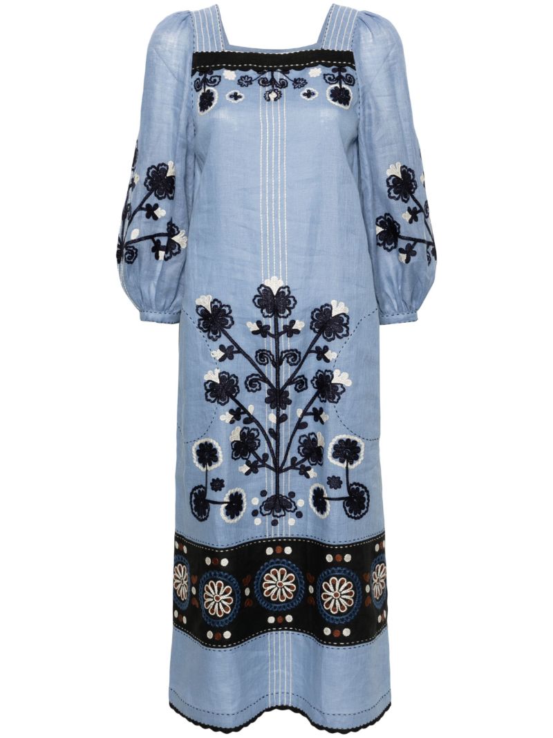 Blue Ulya Floral-embroidered Linen Dress