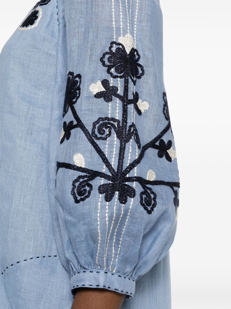 Blue Ulya Floral-embroidered Linen Dress