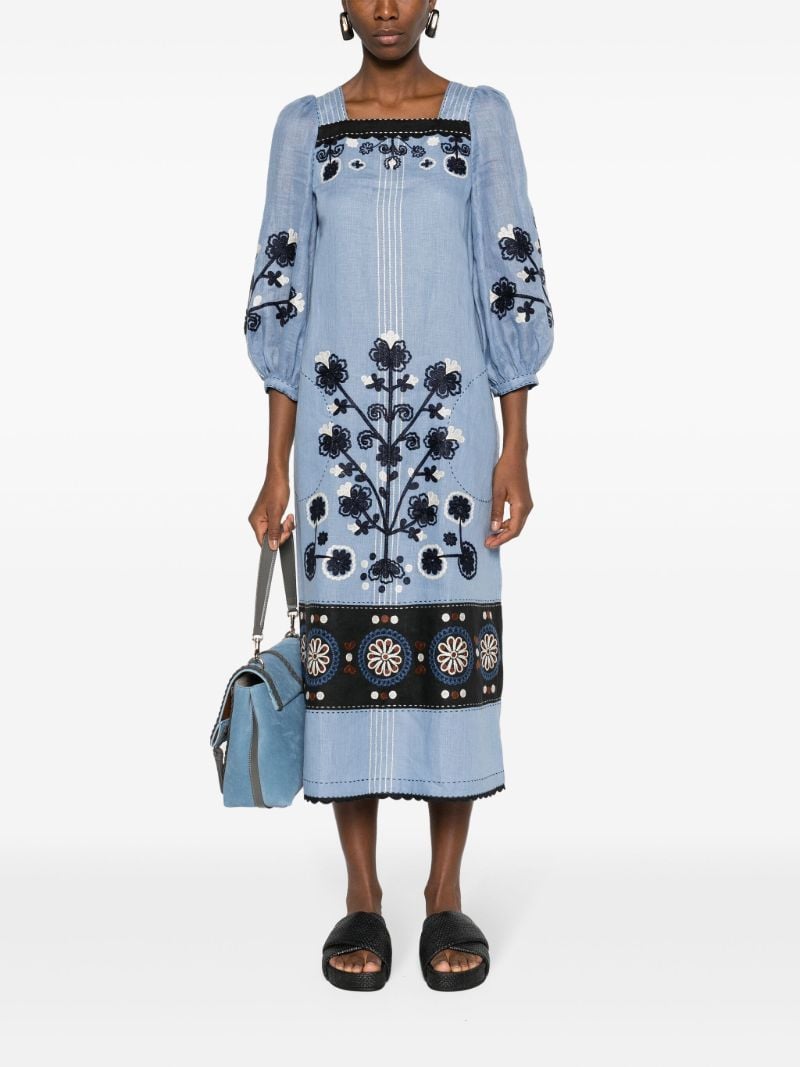 Blue Ulya Floral-embroidered Linen Dress