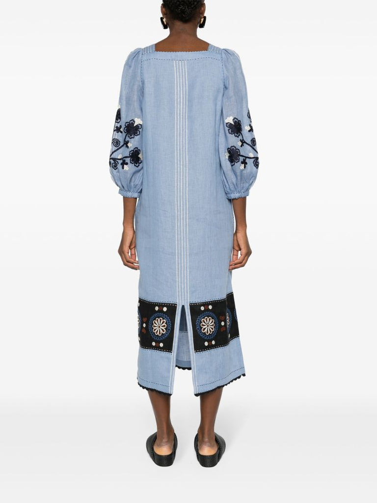 Blue Ulya Floral-embroidered Linen Dress