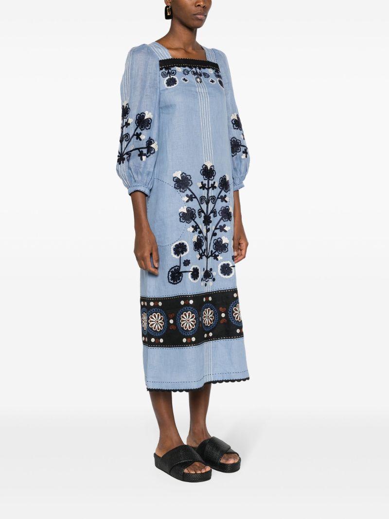 Blue Ulya Floral-embroidered Linen Dress