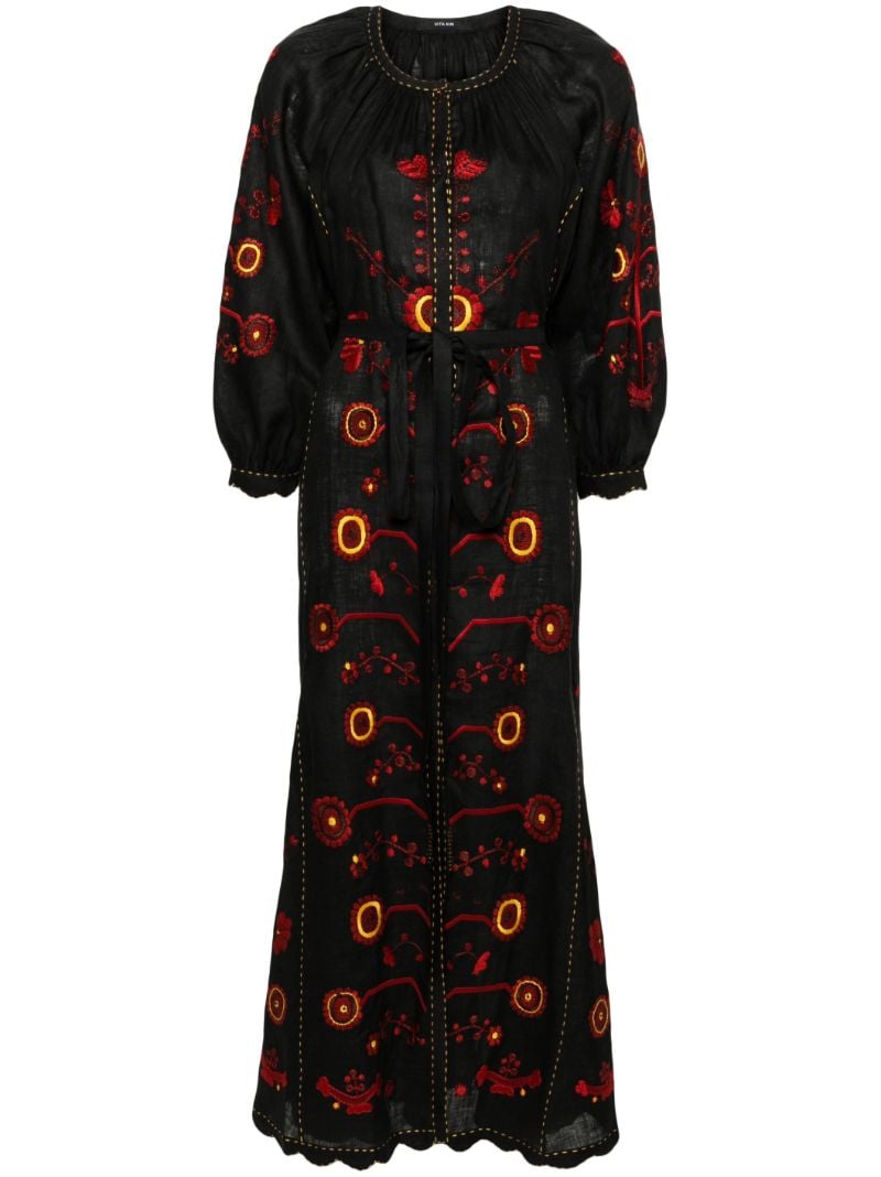 Black Nathalie Floral-embroidered Linen Dress