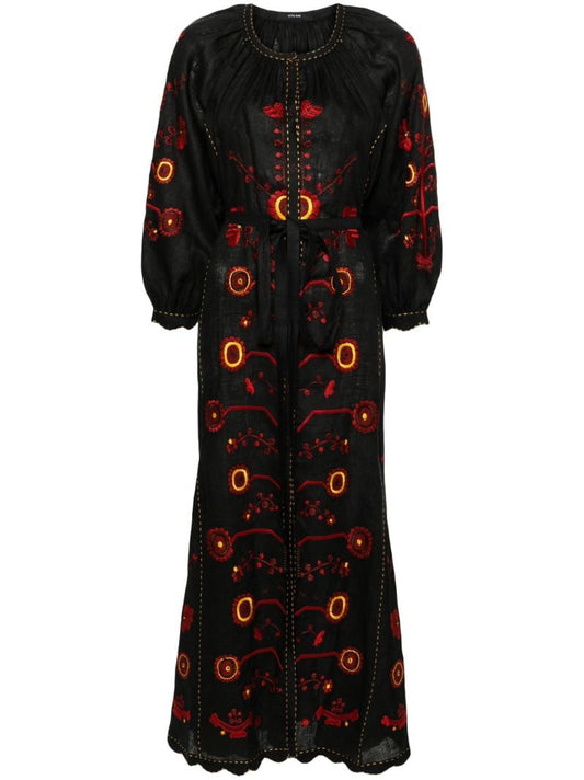 Black Nathalie Floral-embroidered Linen Dress