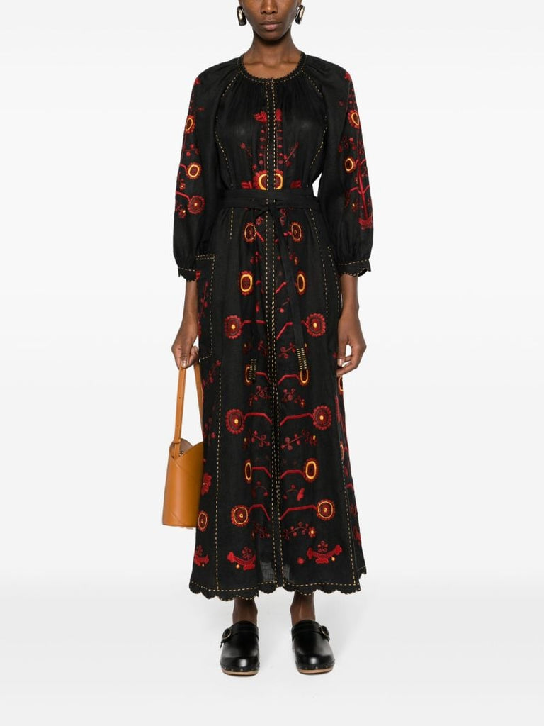 Black Nathalie Floral-embroidered Linen Dress