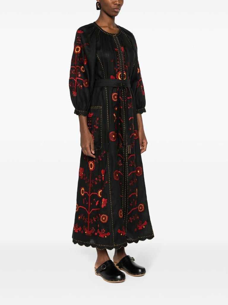 Black Nathalie Floral-embroidered Linen Dress