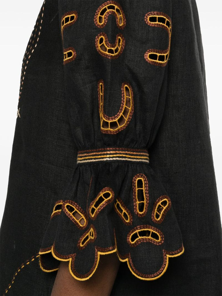 Black Nicholas Embroidered Linen Dress