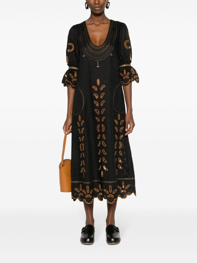 Black Nicholas Embroidered Linen Dress