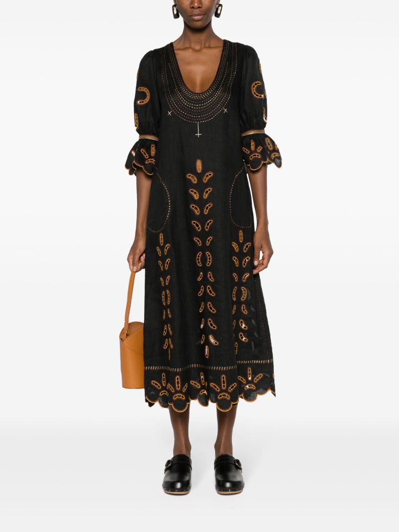Black Nicholas Embroidered Linen Dress