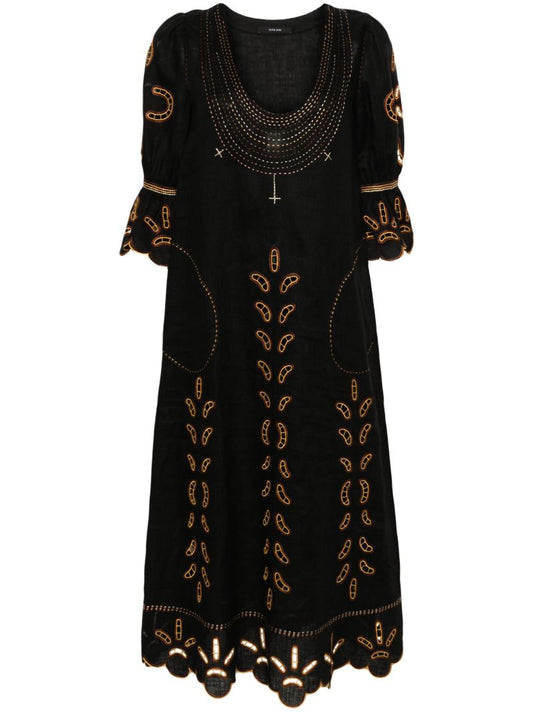Black Nicholas Embroidered Linen Dress