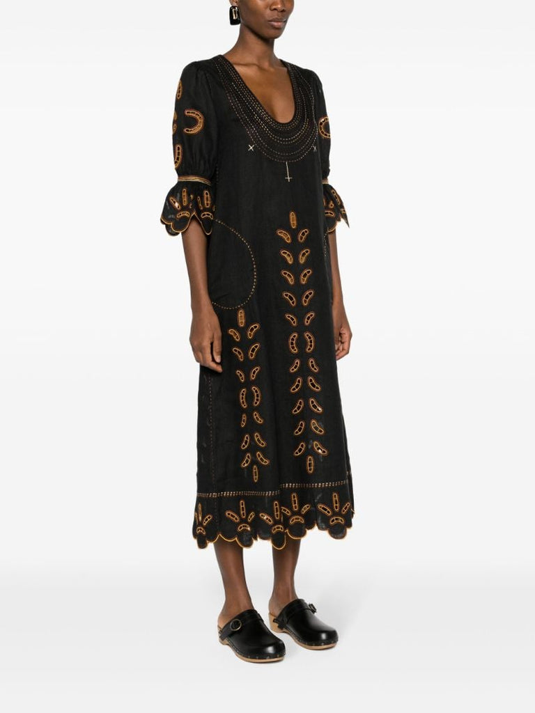 Black Nicholas Embroidered Linen Dress