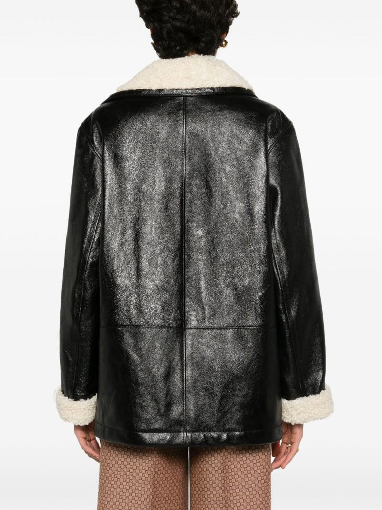 Black Shearling-trim Leather Coat