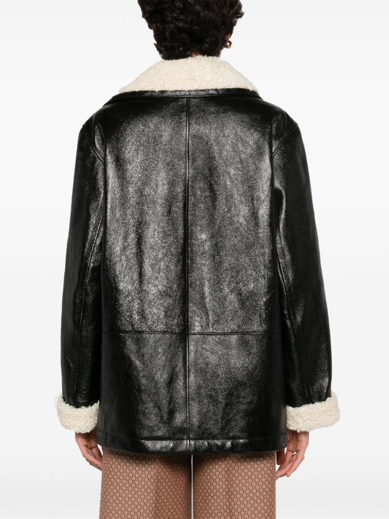 Black Shearling-trim Leather Coat