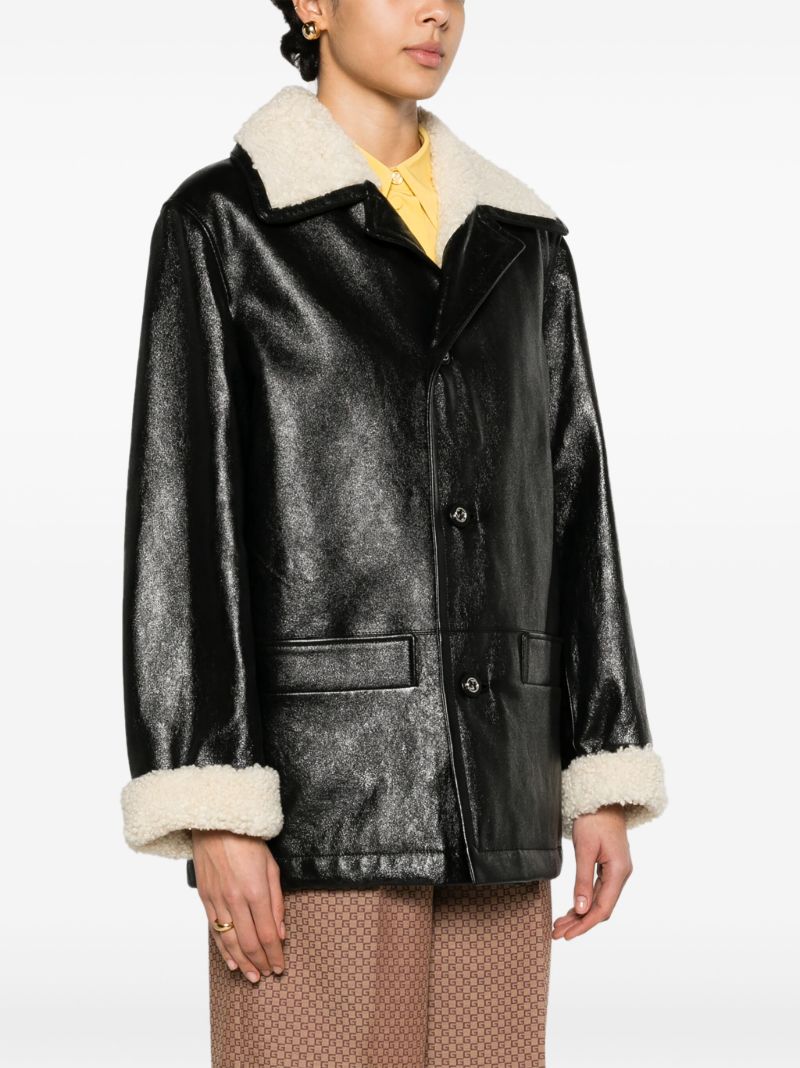 Black Shearling-trim Leather Coat