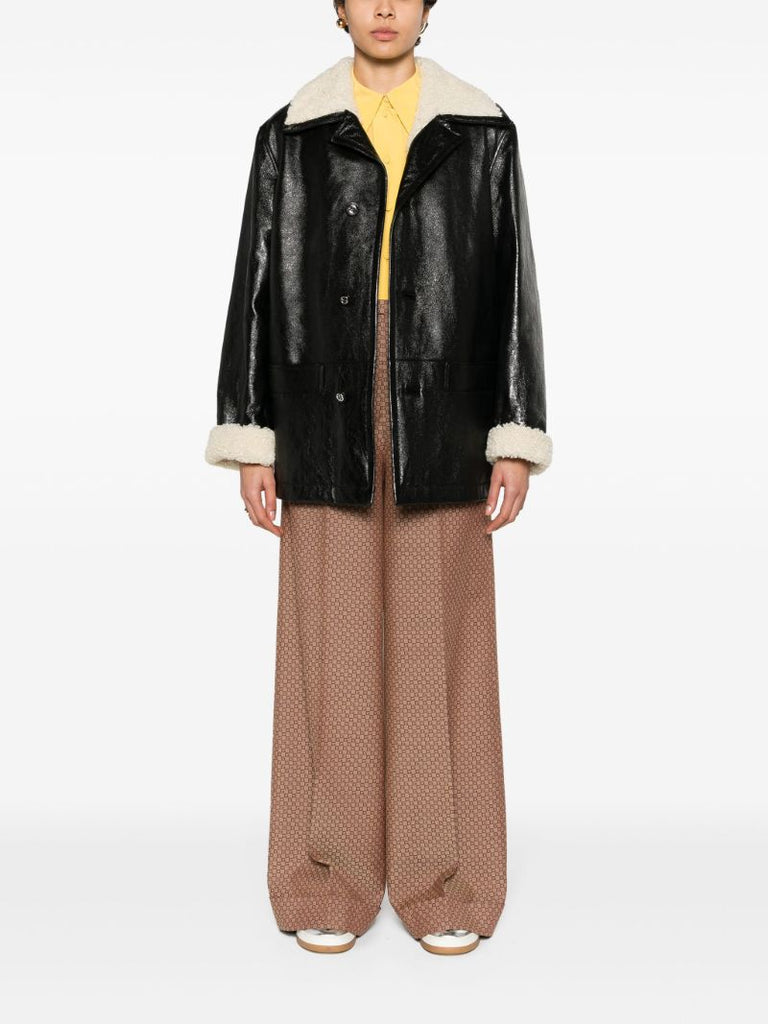Black Shearling-trim Leather Coat
