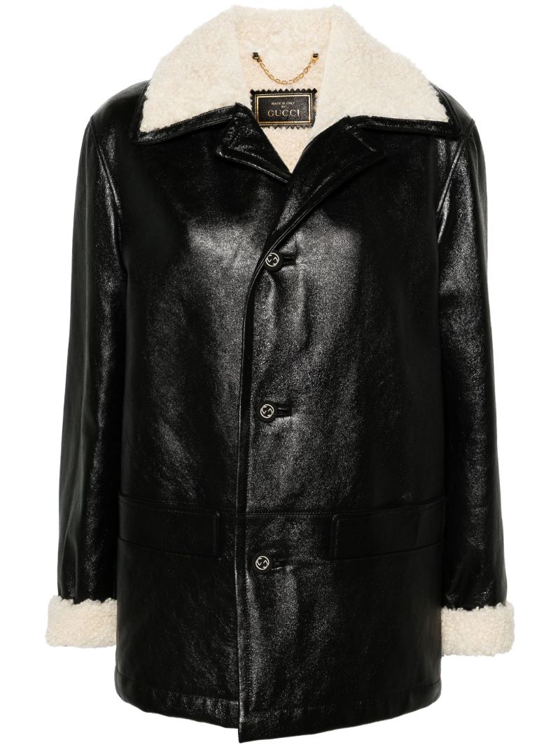 Black Shearling-trim Leather Coat