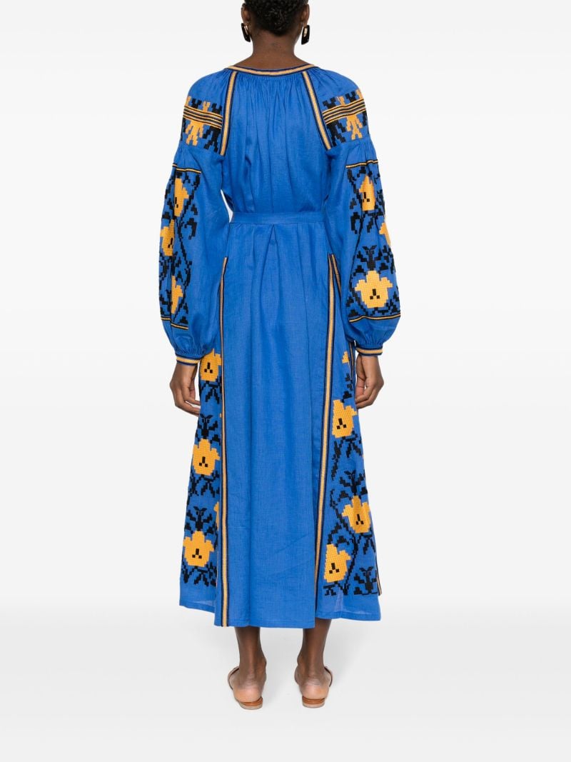 Blue Tulip Floral-embroidered Linen Dress