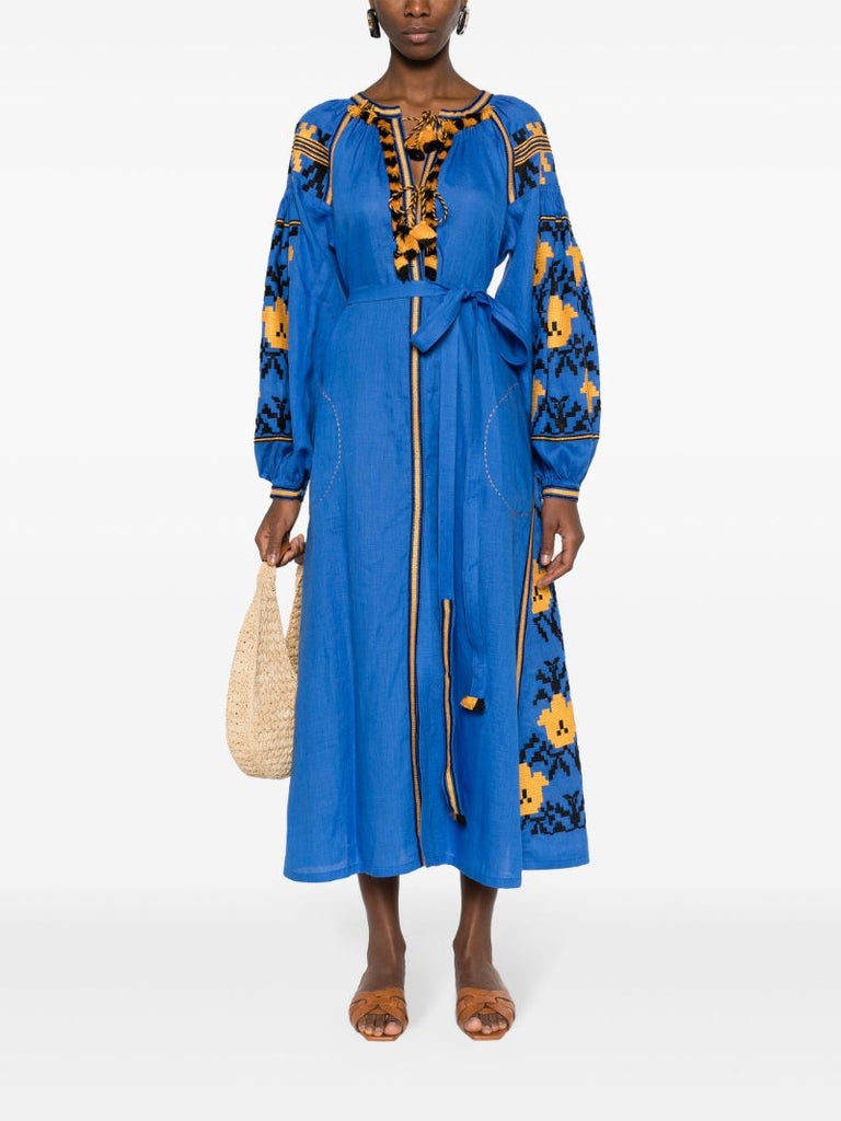 Blue Tulip Floral-embroidered Linen Dress