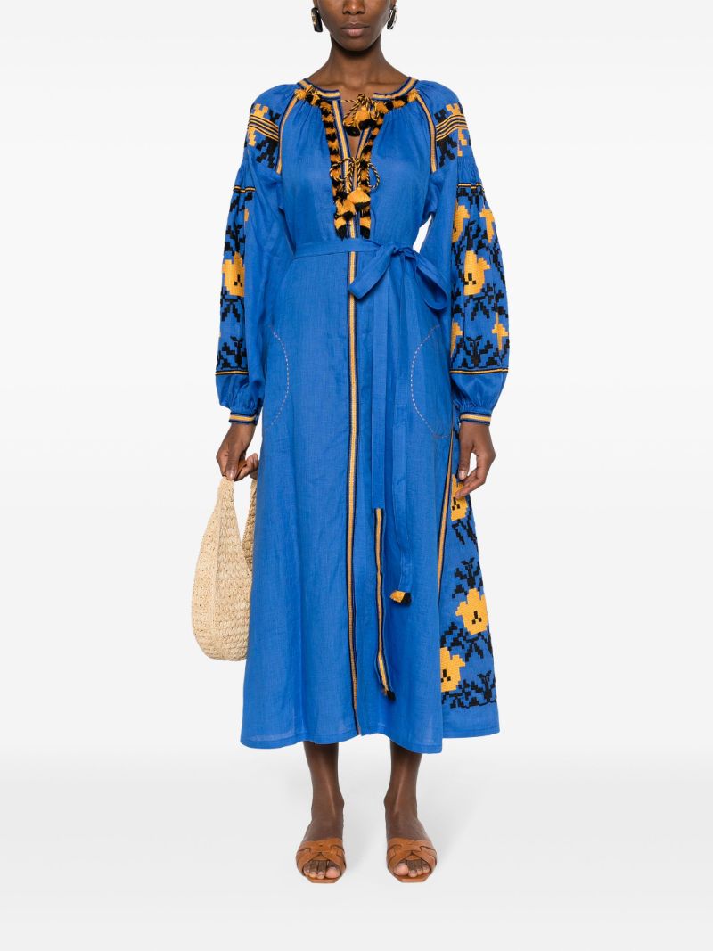 Blue Tulip Floral-embroidered Linen Dress
