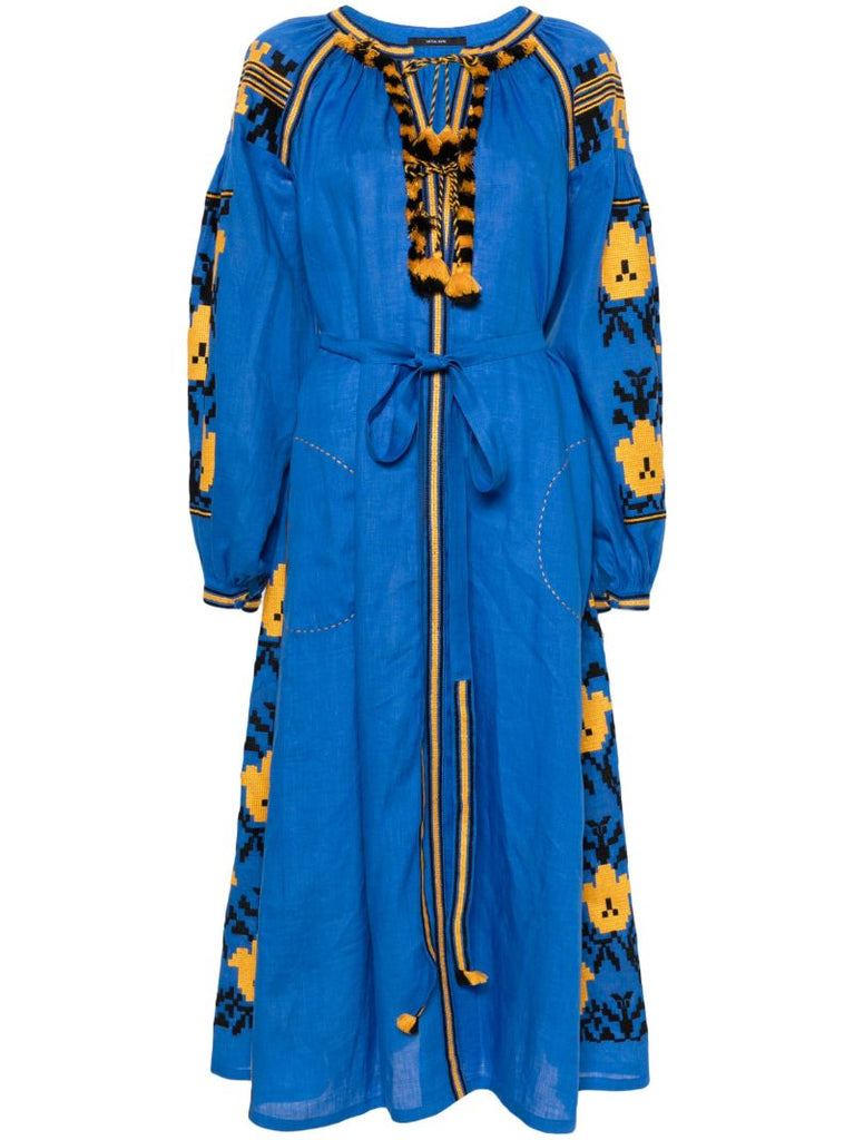 Blue Tulip Floral-embroidered Linen Dress