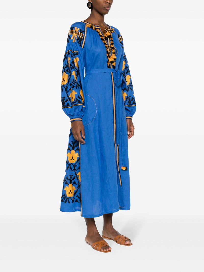 Blue Tulip Floral-embroidered Linen Dress