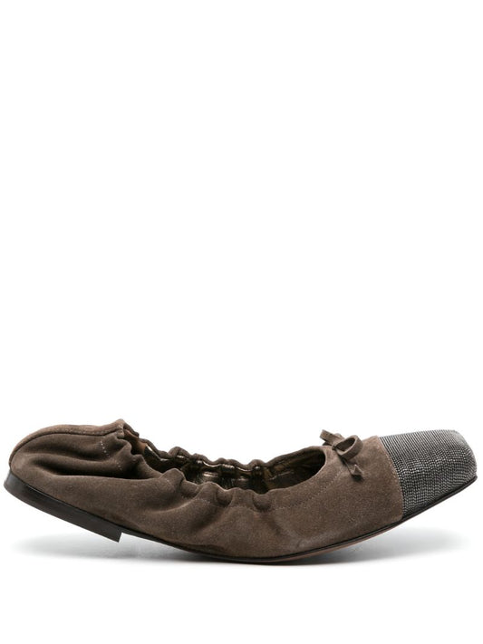 Brown Embellished Suede Ballerina Shoes