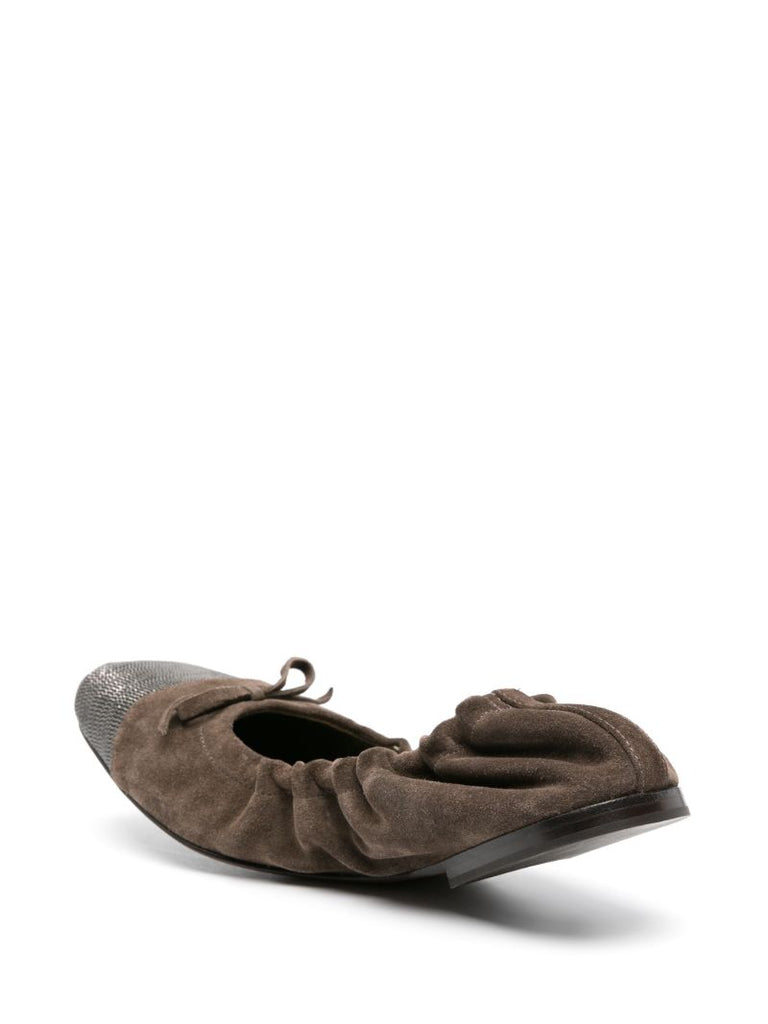 Brown Embellished Suede Ballerina Shoes