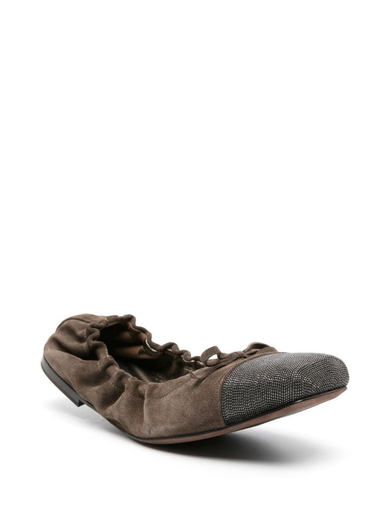 Brown Embellished Suede Ballerina Shoes