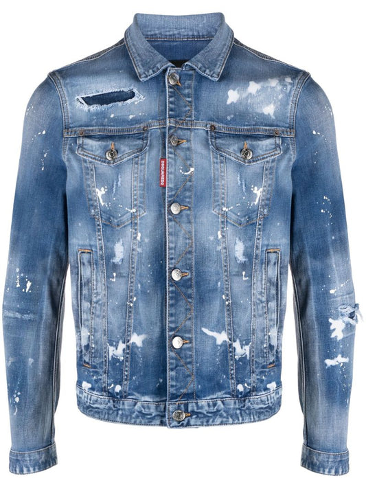 Blue Paint-splatter Distressed Denim Jacket
