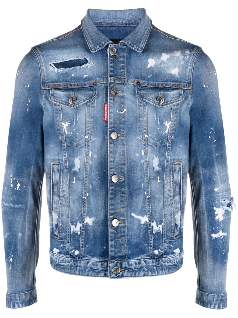 Blue Paint-splatter Distressed Denim Jacket