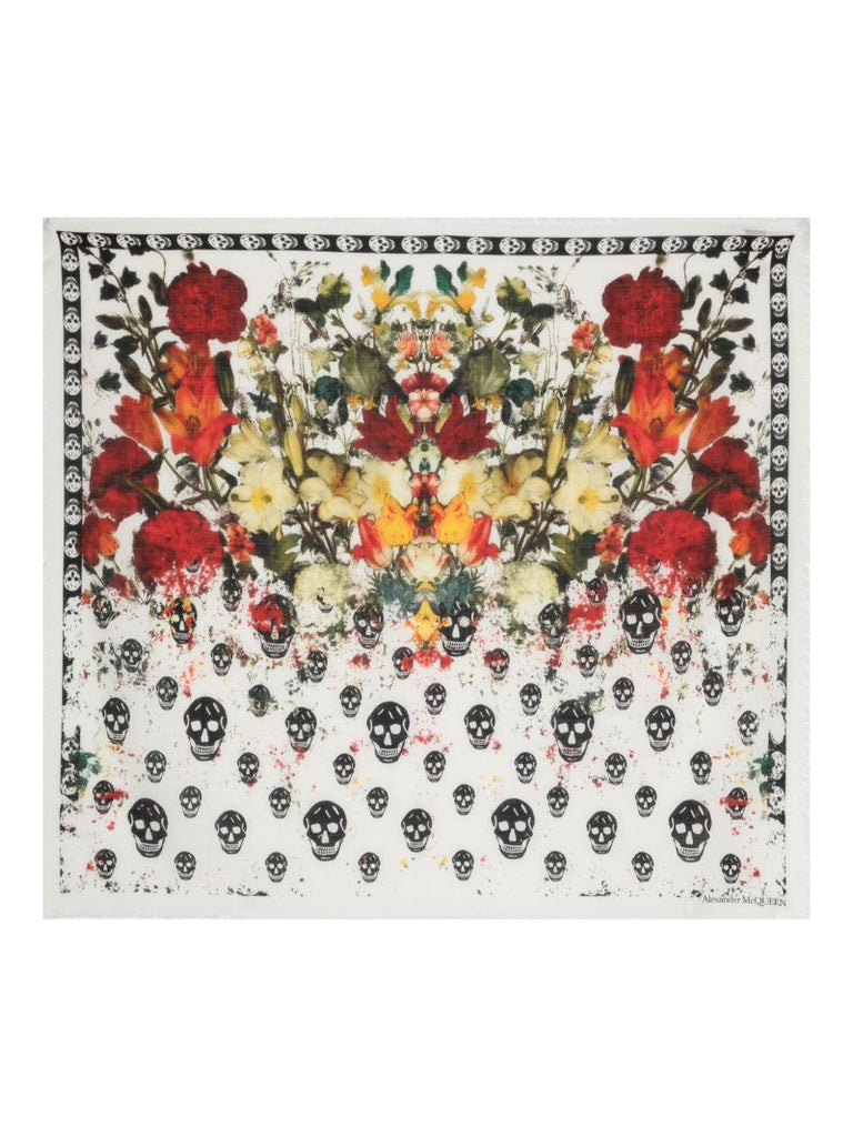 Neutral Skull Floral-print Wool Scarf