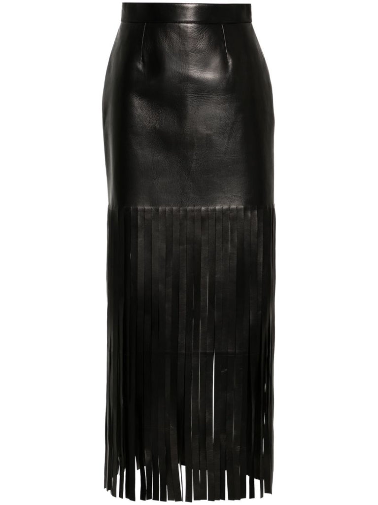Black Fringed Leather Maxi Skirt