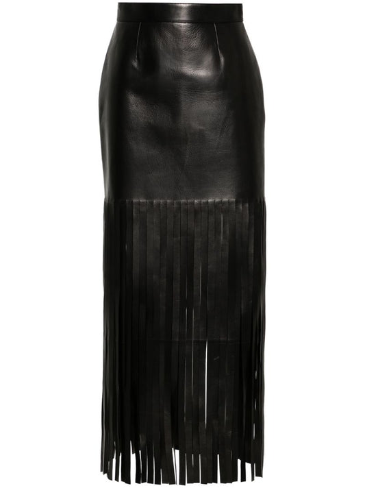 Black Fringed Leather Maxi Skirt