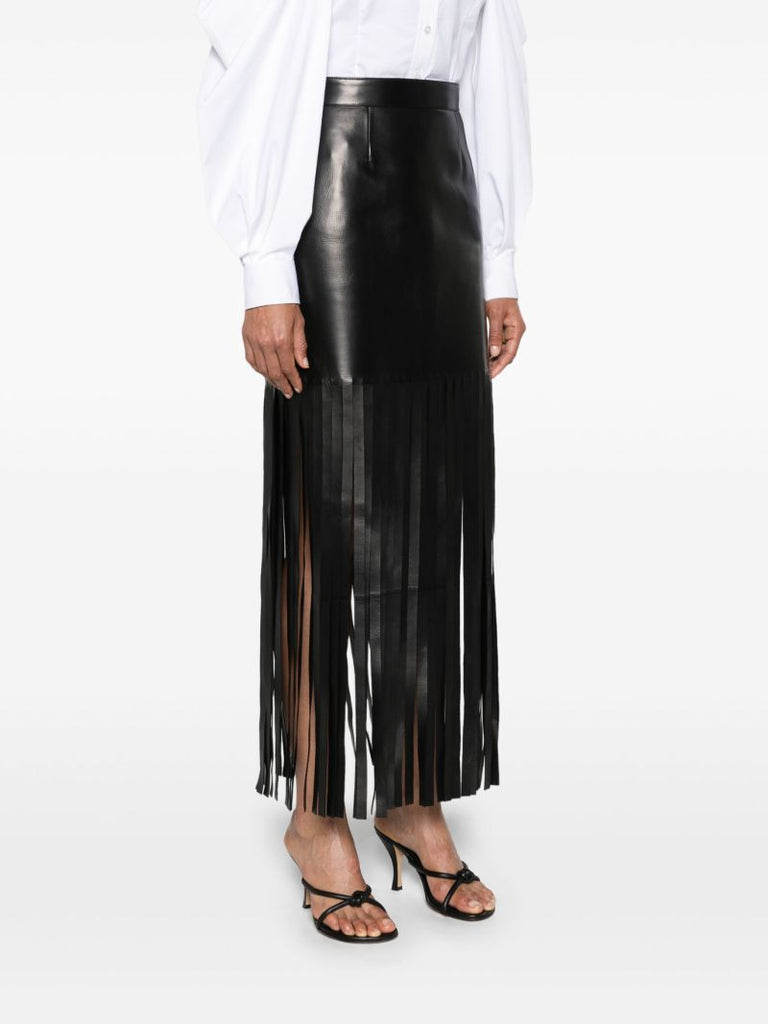 Black Fringed Leather Maxi Skirt