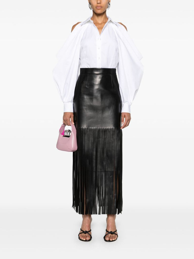 Black Fringed Leather Maxi Skirt