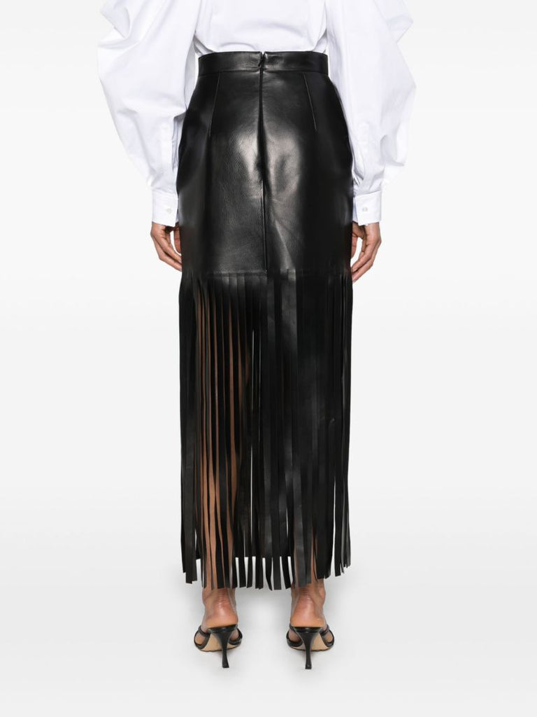 Black Fringed Leather Maxi Skirt