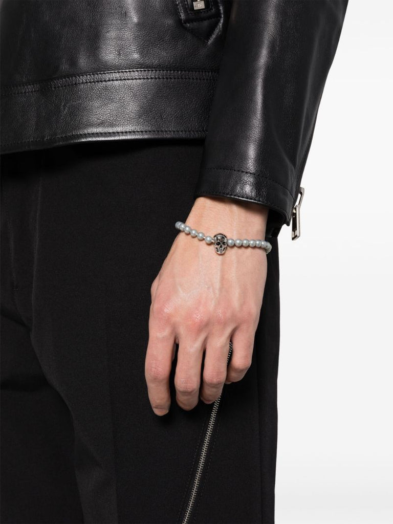 Grey Skull-charm Pearl Bracelet