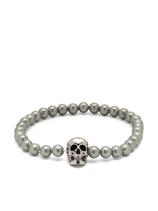 Grey Skull-charm Pearl Bracelet