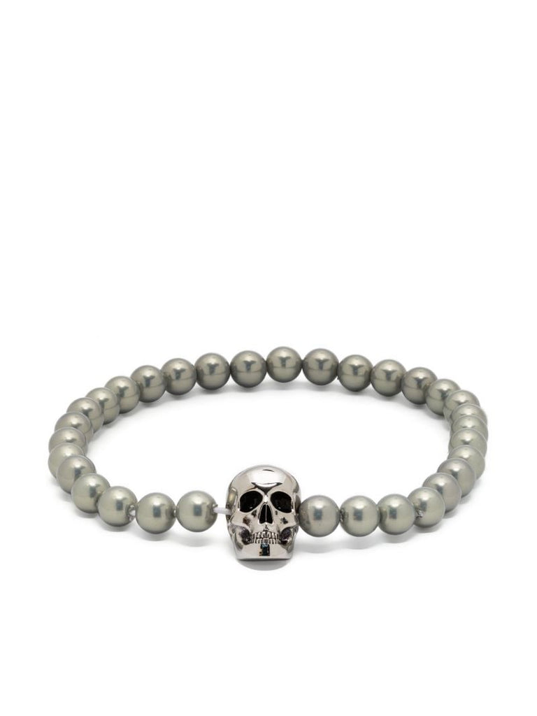 Grey Skull-charm Pearl Bracelet